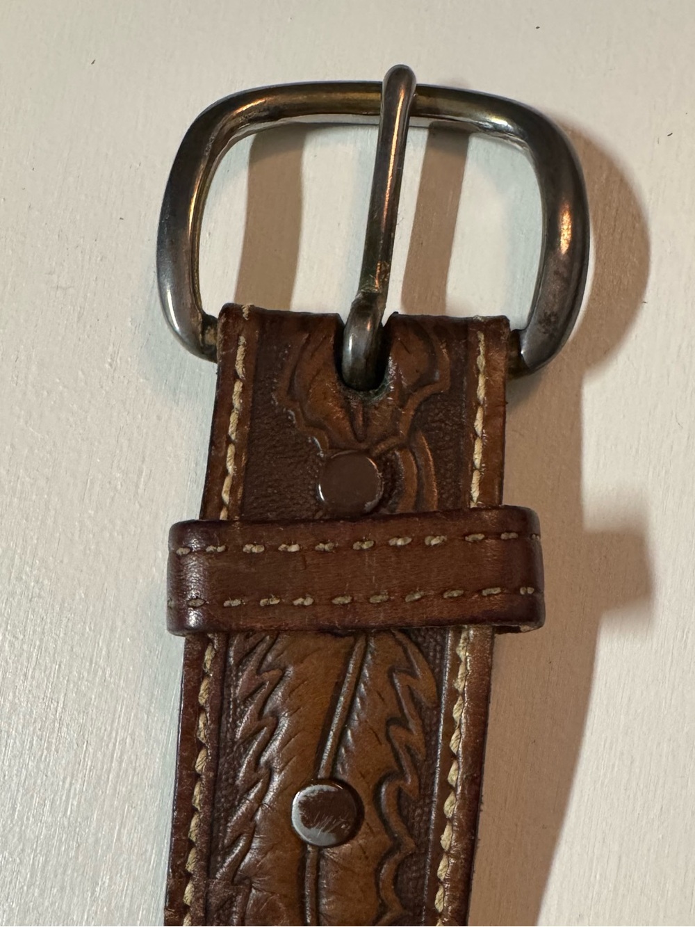Brown Tooled Leather Belt made in the US, 36-40”